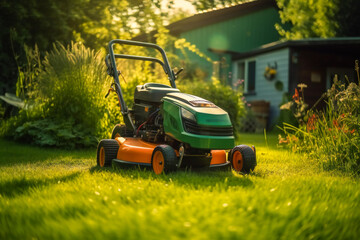 Mowing the Lawn.  A Beautifully Trimmed Backyard. Generative AI