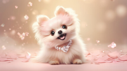 Realistic 3d render of a happy,  furry and cute baby Bark and Bling - Fun Sparkling Style for Pets smiling with big eyes looking strainght