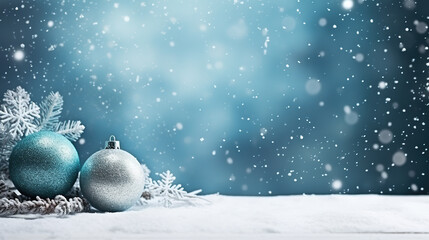 Christmas snowy fir tree and toys snow, winter banner - obrazy, fototapety, plakaty