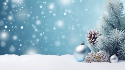Fototapeta na wymiar Christmas snowy fir tree and toys snow, winter banner