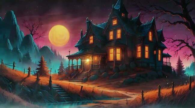 Haunted house dark scary halloween scene of the night under the full moon, neon style animation