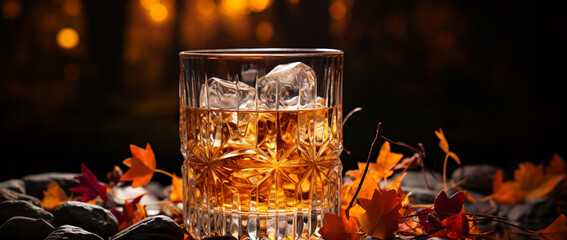 Saisonales Getränk: Herbstcocktail mit Cognac und Laubdekoration - obrazy, fototapety, plakaty