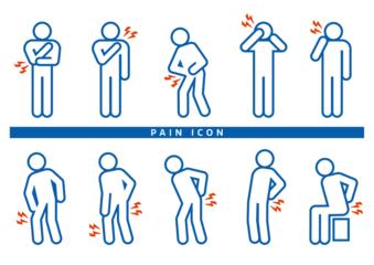 Fotobehang 痛みのアイコンセット｜肩こり、四十肩・五十肩、腰痛、膝痛、筋肉痛、坐骨神経痛、頭痛・偏頭痛、腹痛  © mixcolours