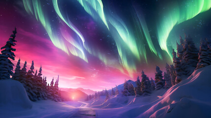 Obraz premium Ribbons of Northern Lights in the Snowy North