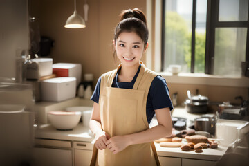 台所で微笑む若い女性