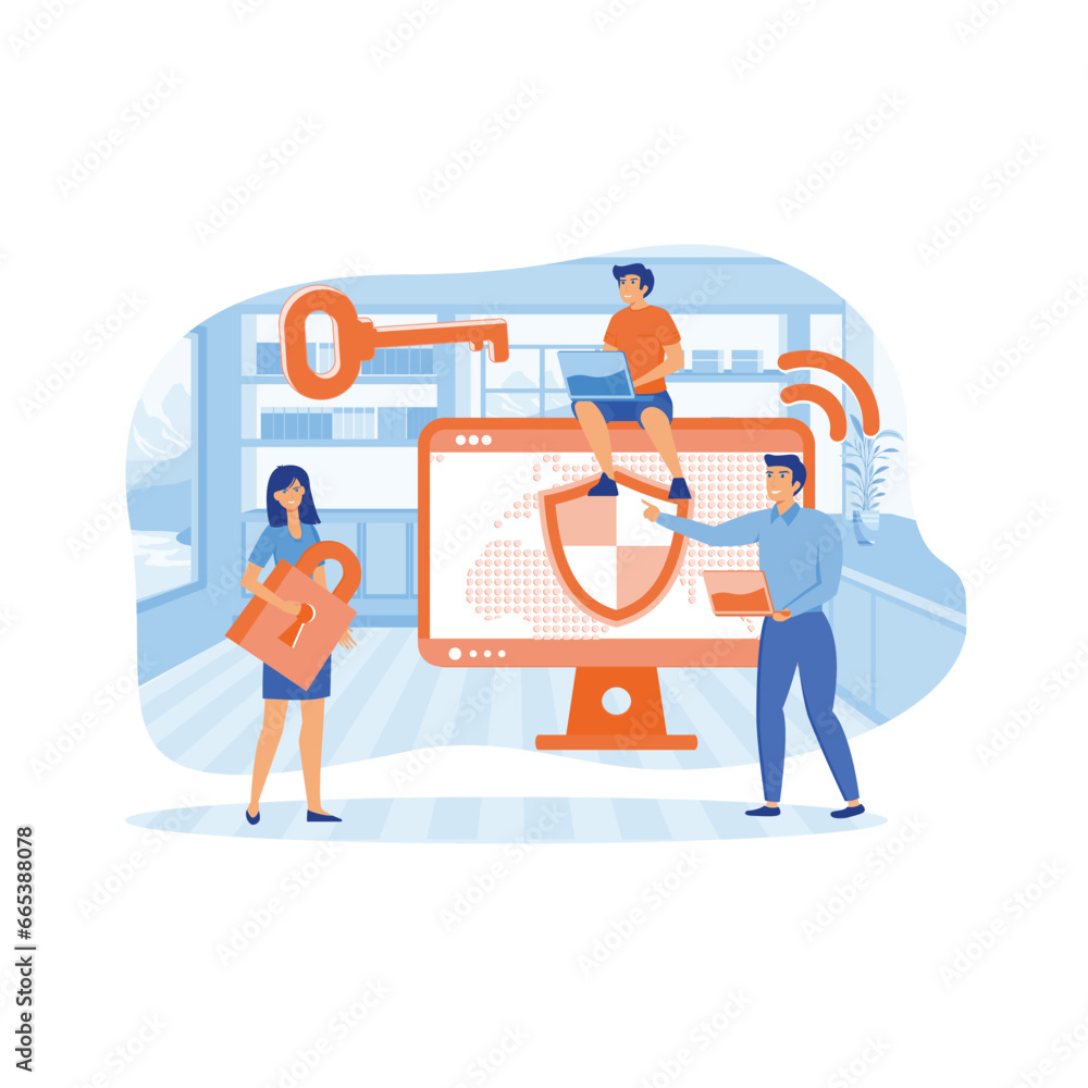 Poster data protection privacy concept. confidential and safe internet technologies with characters using c