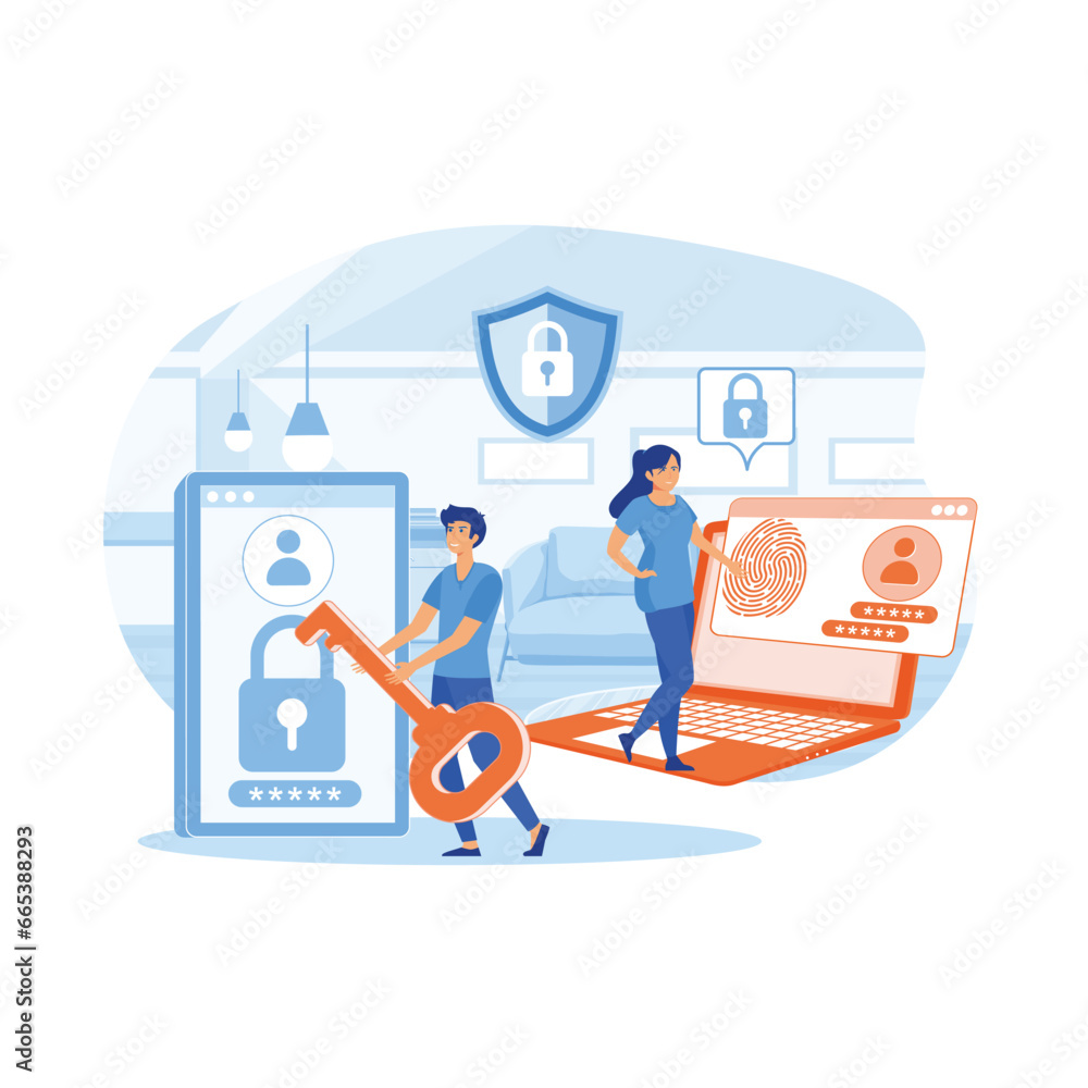 Poster biometric access control web design with people characters. flat vector modern illustration