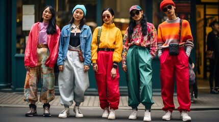 Fototapeta premium Friends from 80s, 90s. Stylish young people