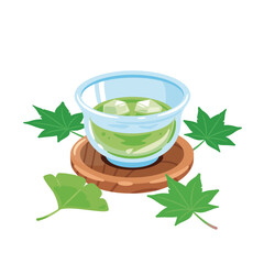 湯呑み茶碗に入ったお茶　青紅葉付き