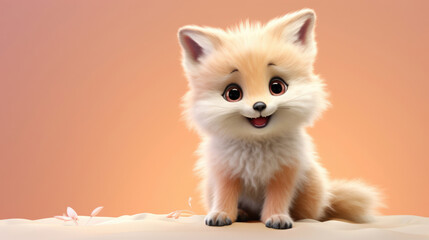 Obraz premium Realistic 3d render of a happy, furry and cute baby Red fox smiling with big eyes looking strainght