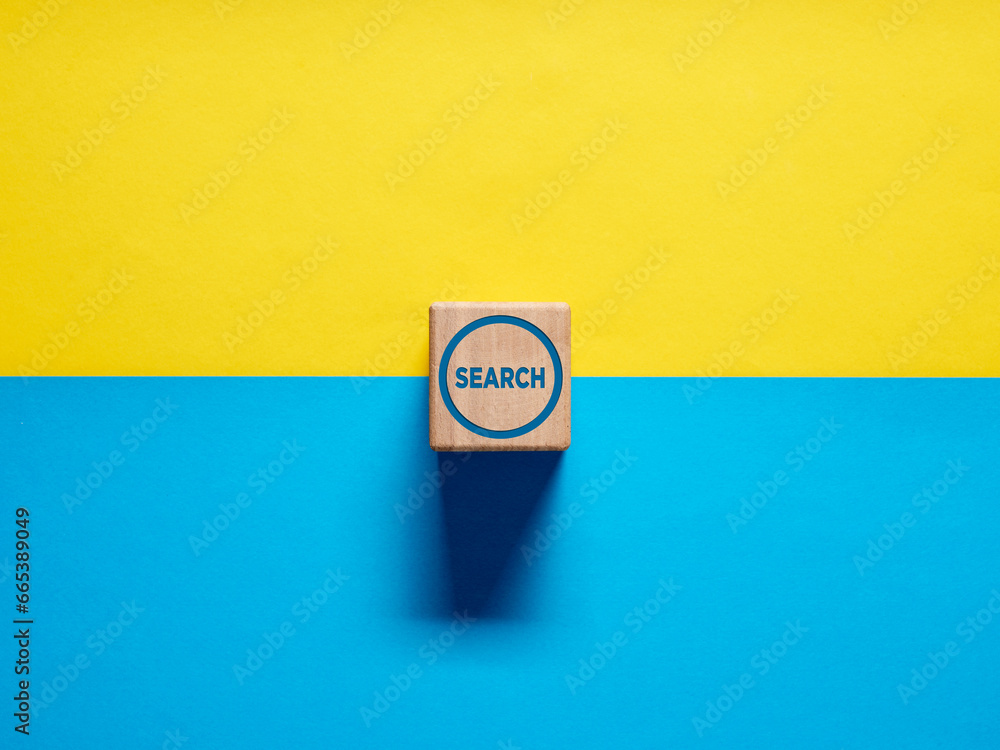 Poster the word search on wooden cube push button on blue and yellow background.
