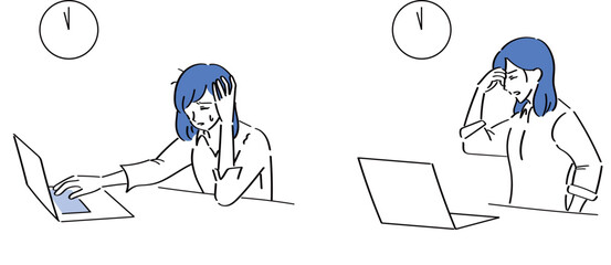 深夜まで残業をして疲労しているワイシャツの女性