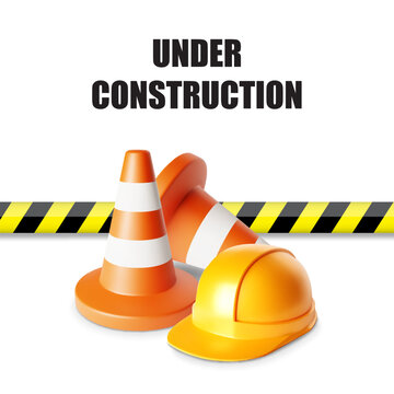 Orange traffic cone and construction helmet with warning stripe on white background. Under construction concept. EPS10 vector