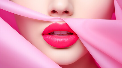Fototapeta premium Vibrant Pink Lips Glimpsing Through Colored Paper