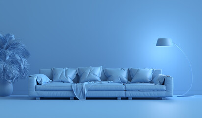 Monochrome blue living room interior with modern leather sofa and a floor lamp.