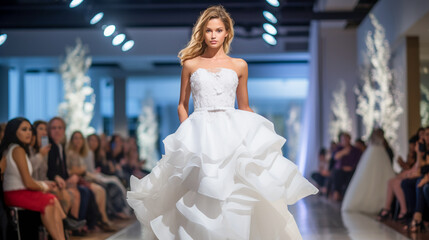 Wedding Model.  Female models walk the runway in beautiful stylish white wedding dresses during a Fashion Show