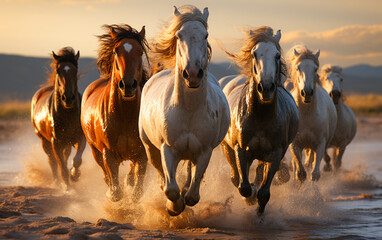 Obraz premium Wild Horse Herd Galloping Through the Rugged Wilderness