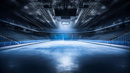 Majestic ice rink arena illuminated by radiant beams, showcasing vast empty blue seats and a...