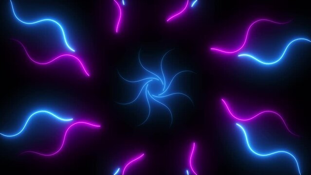 Bright blue and purple neon light abstract motion background with glowing stripes