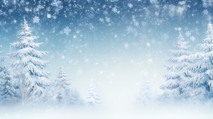 Fototapeta na wymiar Winter Panoramic Background. Snowy Fir Branches and Falling Snowflakes