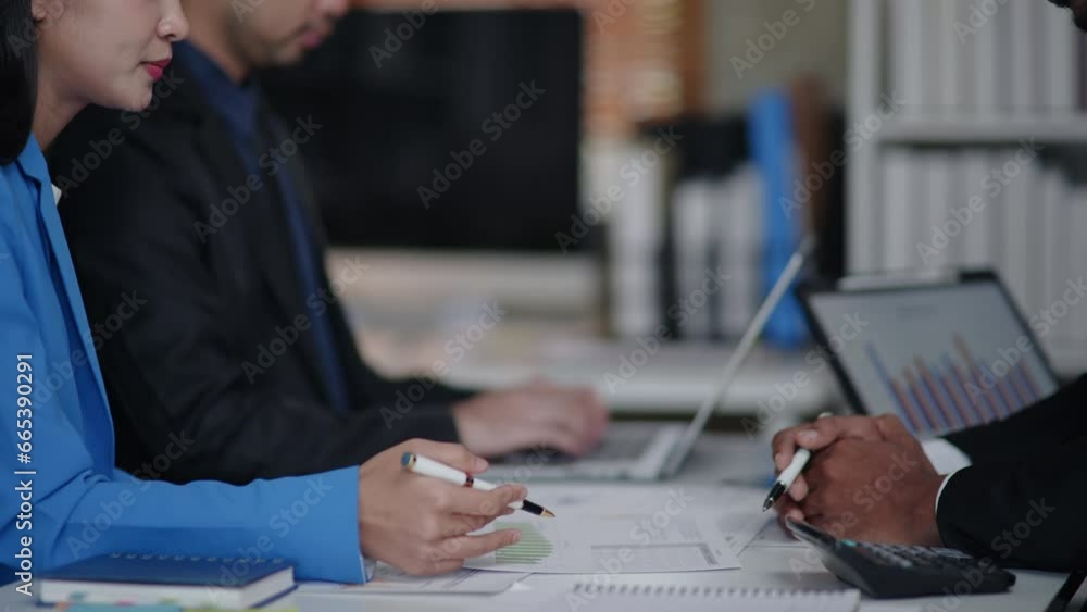Poster close up of hands teamwork business group are calculate working and brainstorming about business fin