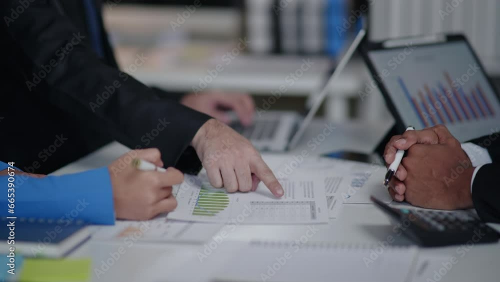 Poster close up of hands teamwork business group are calculate working and brainstorming about business fin