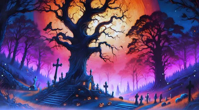 Spooky halloween background in the graveyard with a big tree and full moon, neon light fantasy style