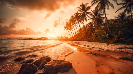 Tropical paradise beach with palm trees at sunset. AI Generated - obrazy, fototapety, plakaty