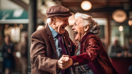 Naklejka premium Beautiful senior couple is dancing and smiling. AI Generated