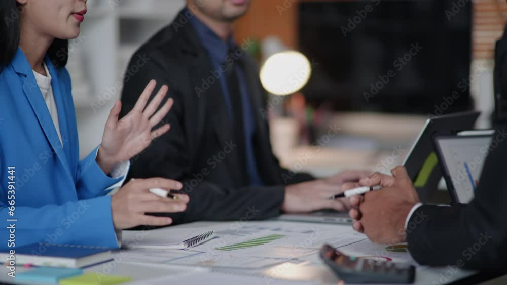 Poster close up of hands teamwork business group are calculate working and brainstorming about business fin