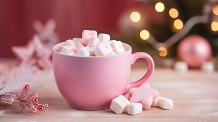 Obraz na płótnie Canvas Pink cup of hot cocoa with marshmallows on a wooden table with Christmas spices