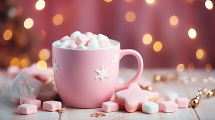 Obraz na płótnie Canvas Pink cup of hot cocoa with marshmallows on a wooden table with Christmas spices