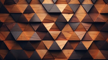 A 3D illustration featuring wooden triangles set against a wooden backdrop. This artwork presents an abstract low-poly background with polygonal shapes formed by a mosaic of low-poly triangles