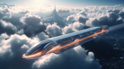A vision of the future with a flying passenger train traversing a futuristic and sci-fi city enveloped in clouds, representing a utopian concept of what lies ahead. This breathtaking aerial view
