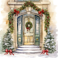 Door decoration, Christmas card poster banner,  watercolour
