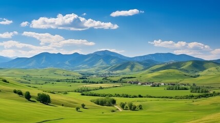 Fototapeta na wymiar A sweeping panoramic view of the picturesque Romanian countryside, bathed in the warm glow of a sunny afternoon. This captivating springtime landscape unfolds in the mountainous terrain
