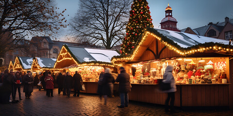 Festive Atmosphere at the Christmas Market Amidst a Crowd of People. Winter Wonderland: A Thriving Christmas Market with Happy Shoppers