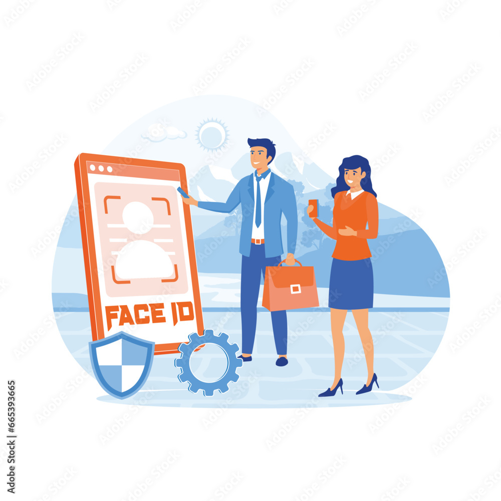 Poster face recognition and data safety. mobile phone users getting access to data after biometrical checki