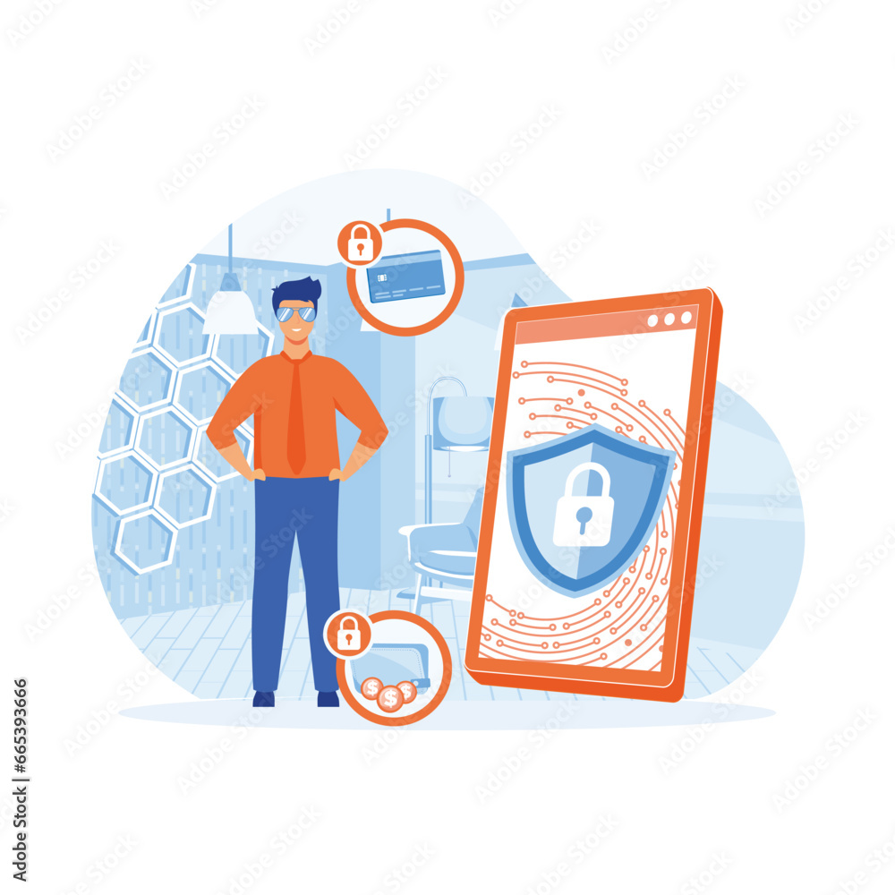 Poster mobile data protection concept with guard character protect smartphone with lock on screen. flat vec