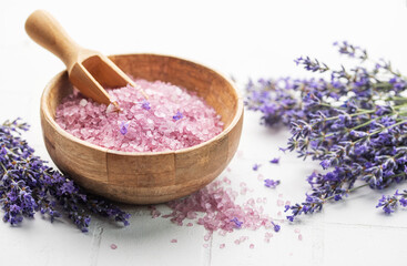 Obraz na płótnie Canvas Lavender spa. Lavender salt and fresh lavender