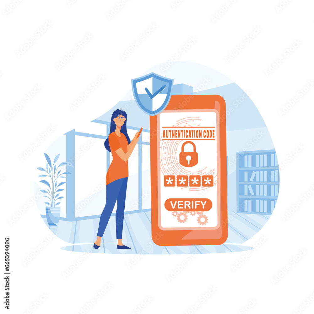 Poster woman using security otp one time password verification for mobile app on smartphone screen. flat ve