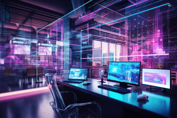  Modern neon cyberpunk open space office interior blurred with information technology overlay. Corporate strategy for finance, operations, marketing,ai generative