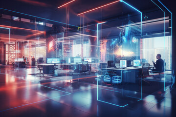  Modern neon cyberpunk open space office interior blurred with information technology overlay. Corporate strategy for finance, operations, marketing,ai generative - obrazy, fototapety, plakaty