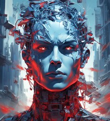 the cover image for the cyborg with the cyber eyes and hair