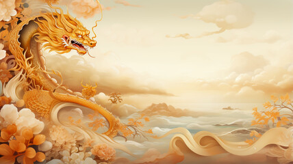 Chinese and Japanese style golden dragon images It has a pastel gold background. For various designs or festivals such as New Year, carnival, abstract. - Powered by Adobe