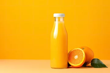 Poster Orange Juice bottle on orange background. © MdHafizur