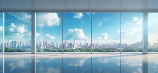 a big window of the office with a city landscape in the blue sky