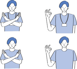 OKサインとNGのポーズをするTシャツ男性