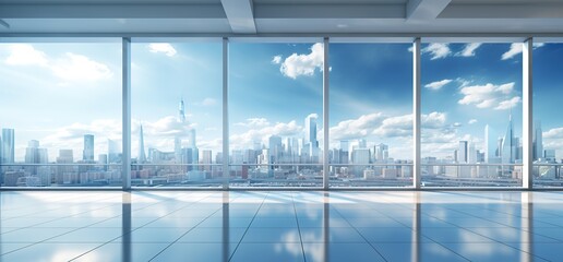 a big window of the office with a city landscape in the blue sky