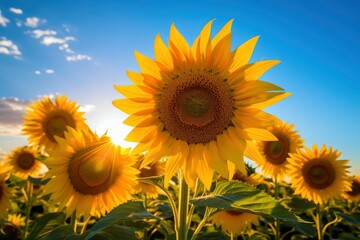 Obraz premium Sunflowers turning toward the sun in the soft morning light.